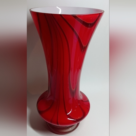 Red White Cased Glass Vase Art Green Orange Ribbon Lines, approx. 12" Tall - Picture 2 of 7